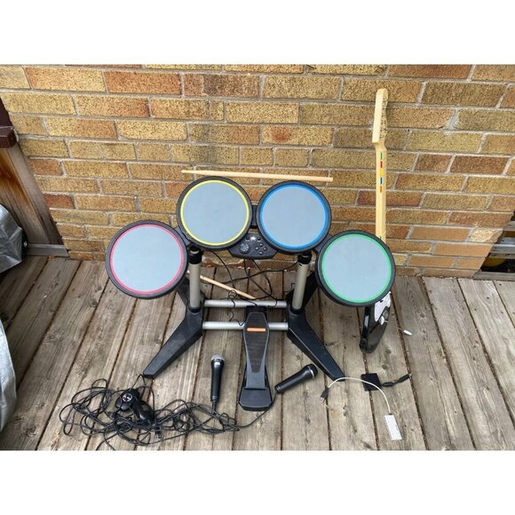 Rock Band Bundle PS3 Console, Wired Drums, Fender Stratocaster W/ Dongle, 2X Mic - Picture 2 of 14